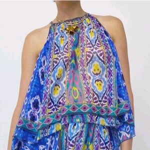 NWOT Zara Sheer Printed Halterneck Tank Top Size S Beaded Asymmetrical Boho